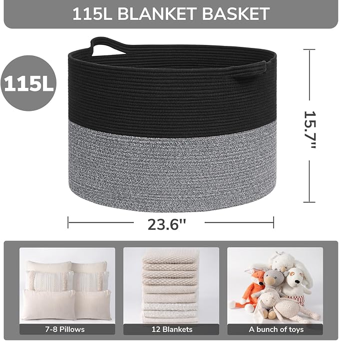INDRESSME 115L Extra Large Woven Rope Blanket Basket Living Room Black Grey | - Image 2