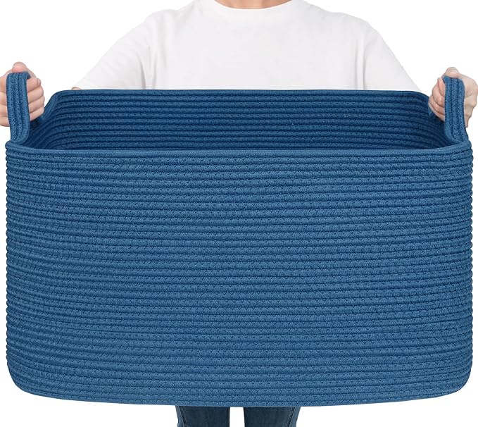 Goodpick Large Woven Rope Blanket Basket, Dark Blue | 21.6'' x 14.9'' x 11.8'' by Goodpick