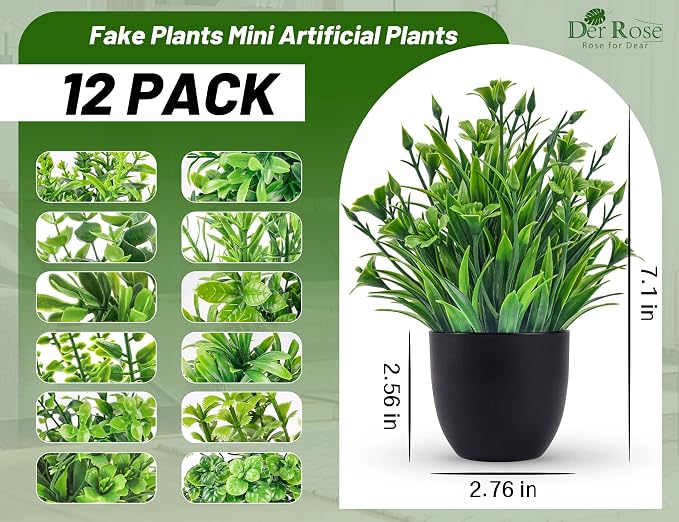 Der Rose 12 Pack Small Fake Plants in Black Pots, Bathroom Decor Indoor | - Image 2