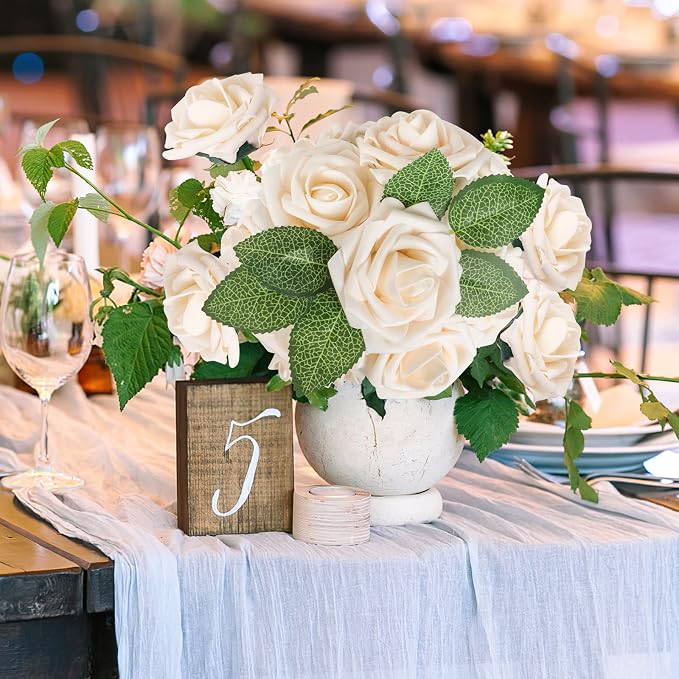 AmyHomie Champagne Rose 100pcs Real Looking Artificial Flowers w/Stem | Bouquet - Image 4