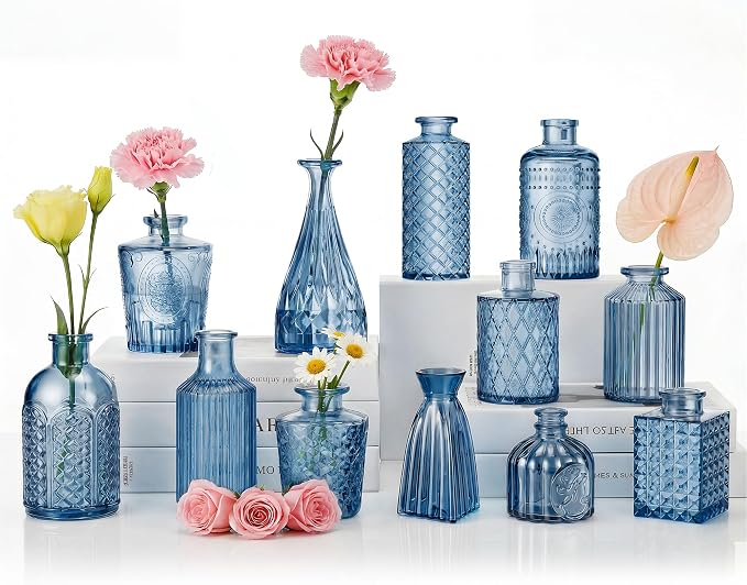 12 Pcs Blue Bud Vases Set, Armber Small Vintage Glass Clear Bud Flower Vases by Unknown