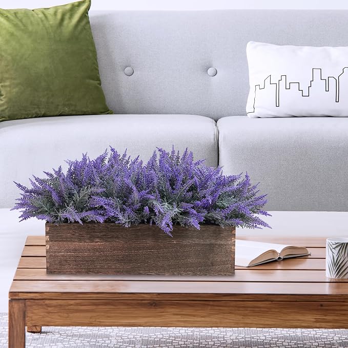 Winlyn 14" Artificial Lavender Flowers Plants in Rectangular Wooden Planter Box - Image 5