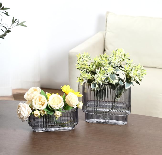 Short Glass Vases, Ribbed Vase for Flowers, Modern Small Vase for Living Room - Image 6