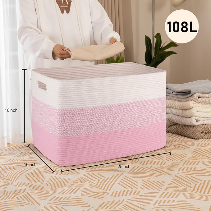 OIAHOMY 108L Extra Large Blanket Basket Dog Toy Basket Pink&White | Rectangle - Image 2