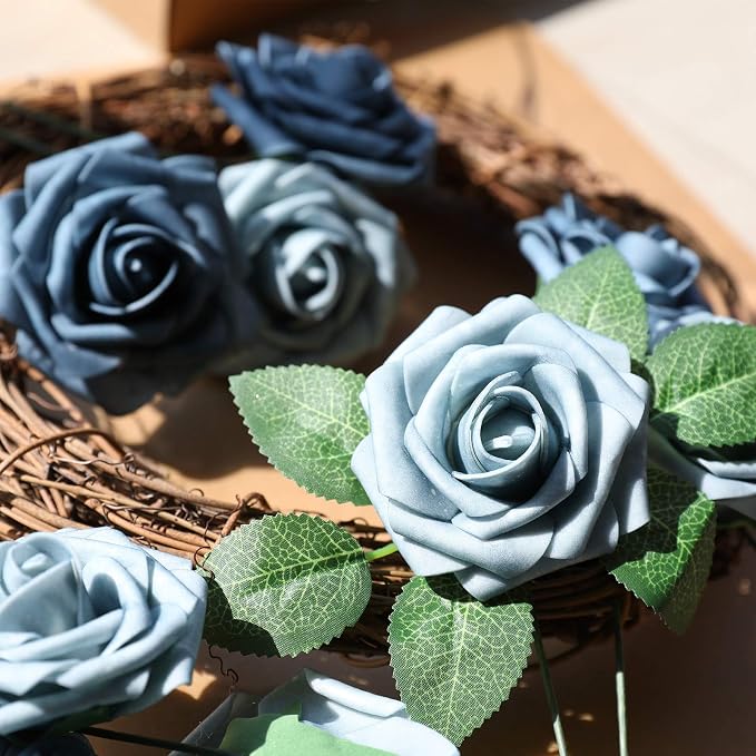 AmyHomie Dusty Blue Rose 25pcs Real Looking Artificial Flowers w/Stem | Bouquet - Image 3