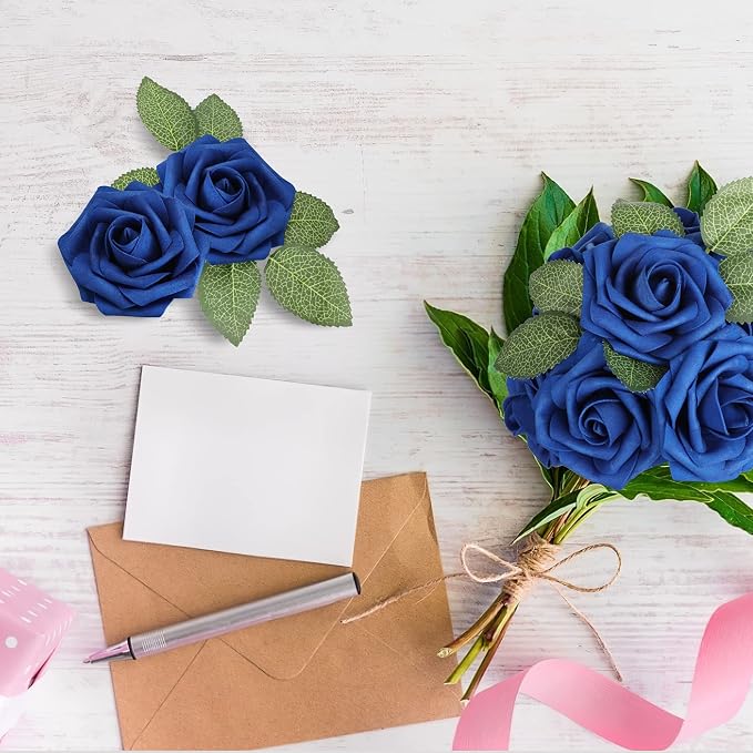 AmyHomie Royal Blue Rose 25pcs Real Looking Artificial Flowers w/Stem | Bouquet - Image 5