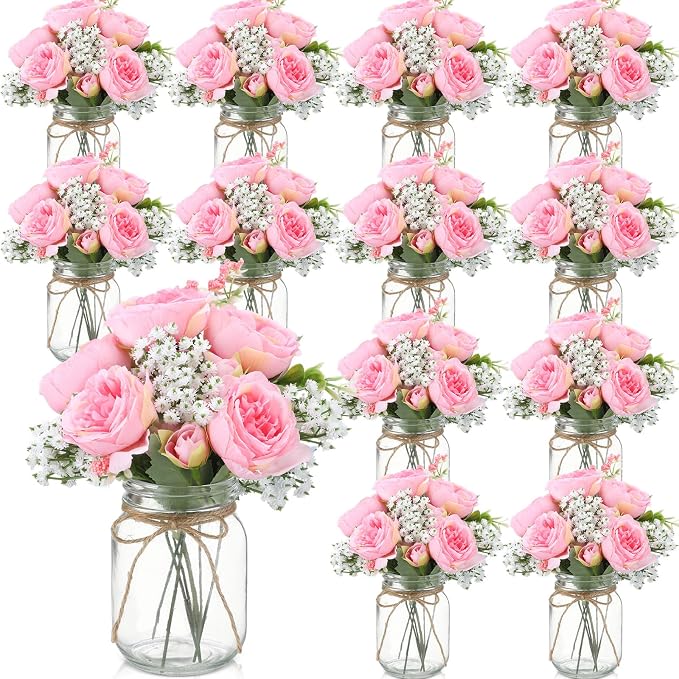 12 Sets Mason Jar Flowers Centerpiece Table Decorations, Coral Pink | Faux by Zeyune