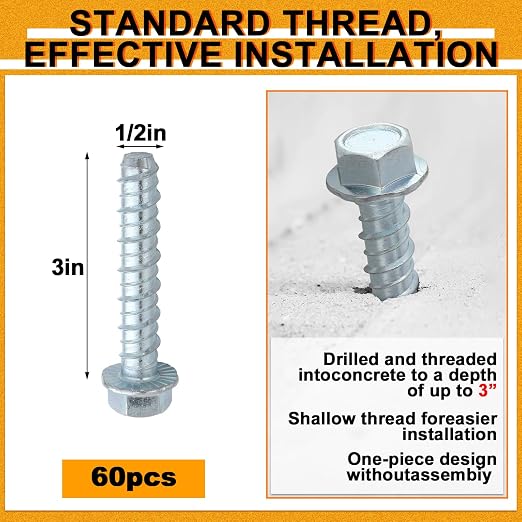 Hicarer 60 Pack 1/2 x 3 Inch Concrete Screws Galvanized - Image 2