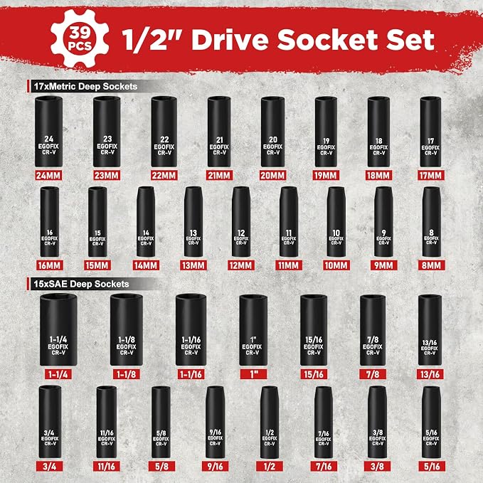 1/2” Drive Impact Deep Socket Set, 39 Pieces Metric/SAE, CR-V Steel Tool Set - Image 2
