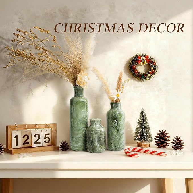Resin 3 Piece Decorative Vase Set, Sage Green Farmhouse Home Decor | Rustic - Image 8