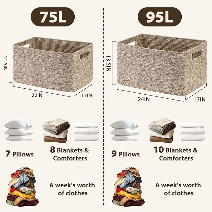 Optish 95L Large Woven Blanket Basket, Cotton Rope Laundry Basket, a lot of Toys - Image 3