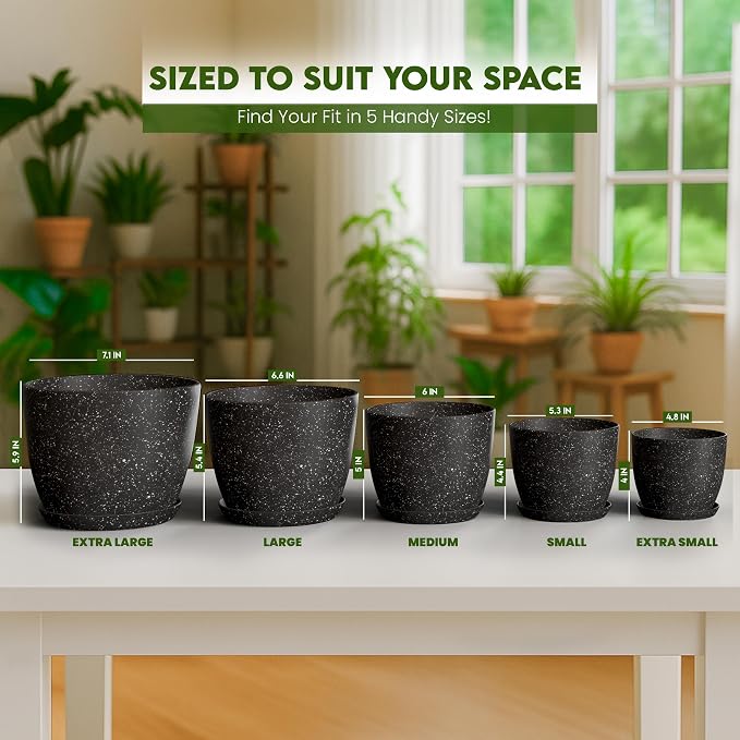 Plant Pots Indoor with Drainage 5 Pack Multi-Size Planters Set Spotty Black | - Image 7