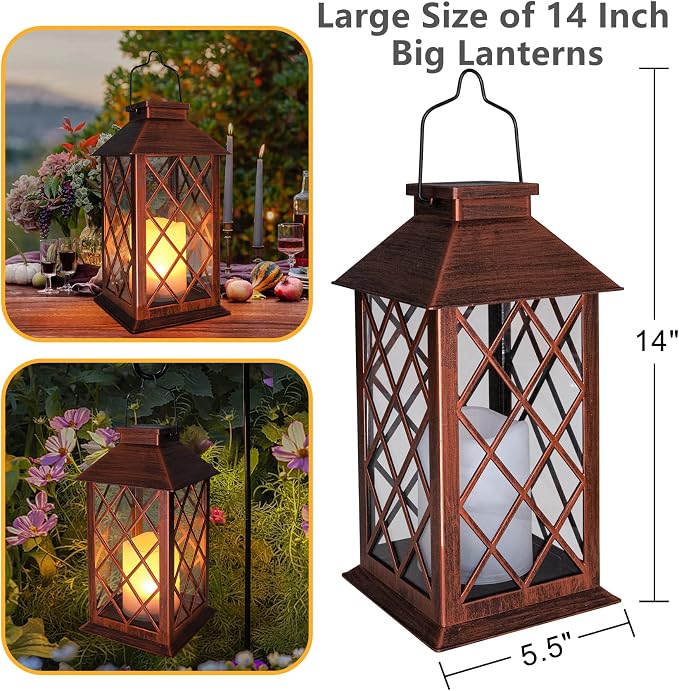 14" Solar Lanterns Outdoor Garden Lantern Waterproof LED Flickering Flameless - Image 4