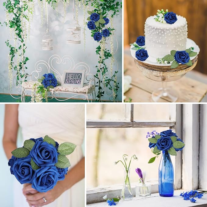 AmyHomie Royal Blue Rose 25pcs Real Looking Artificial Flowers w/Stem | Bouquet - Image 4