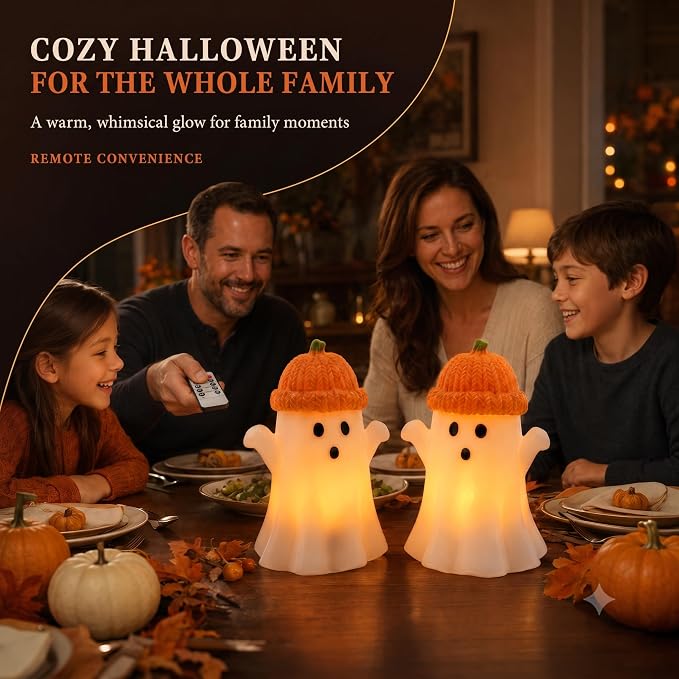 Enido Ghost with Pumpkin Hat Flameless Candles with Remote, Battery Operated - Image 2
