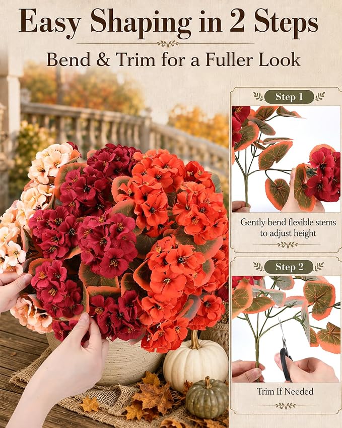 Artificial Fall Flowers for Outdoors, 6 Bundles Faux Geraniums | UV-Resistant - Image 3
