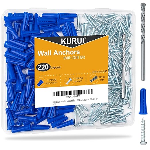 #10-12 Wall Anchors and Screws Kit, 110 Plastic Concrete Anchors and 110 Wood by KURUI