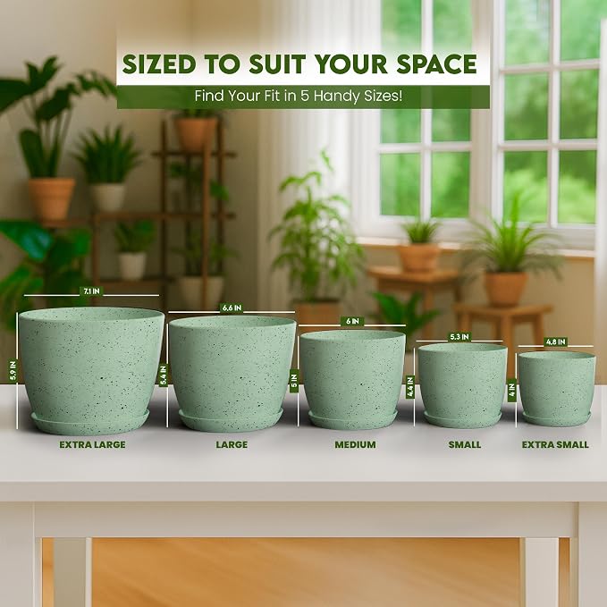 Plant Pots Indoor with Drainage 5 Pack Multi-Size Planters Set Spotty Mint | - Image 7