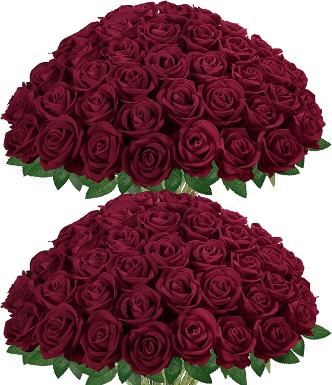 InnoGear Burgundy Roses Artificial Flowers 50 Pcs Fake Velvet Silk Floral | Bulk by InnoGear