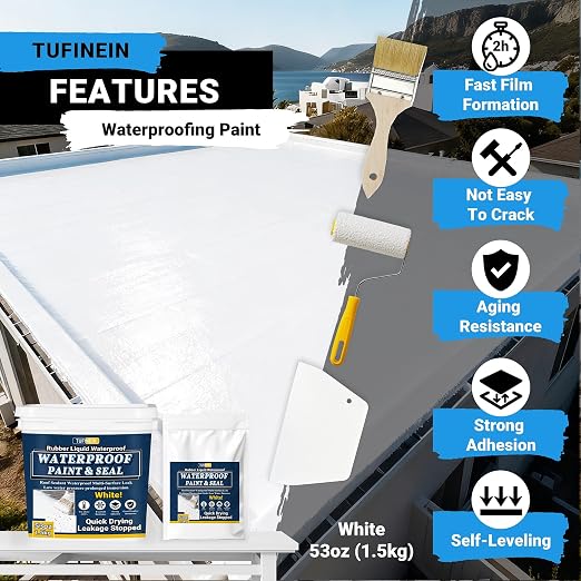 Rubber Liquid Waterproof Sealant, TUFINEIN 53oz/1.5kg White Quick Drying Multi - Image 3