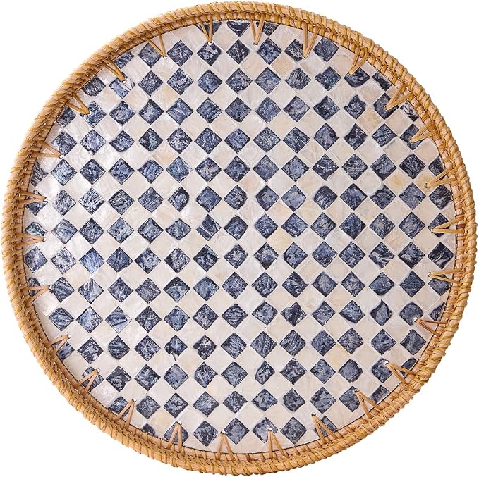 Round Rattan Tray with Mother of Pearl Inlay, Rattan Serving Tray with Wooden by Kmelep