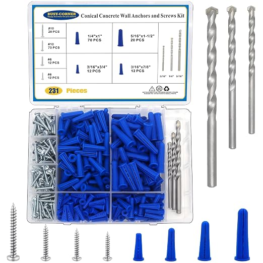 Conical Concrete Wall Anchors and Screws Assortment Kit, 114 Brick Wall Anchors by BUSY-CORNER