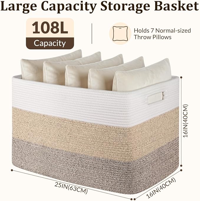 OIAHOMY 108L Super Large Blanket Basket, 25”x16”x16” Rectangle Woven Baskets - Image 2