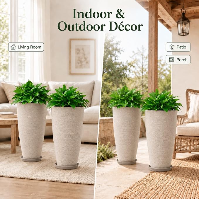 Neoaider Set of 2 Tall Planter, 21 inch Large Plastic Planter, Oat Color | - Image 9