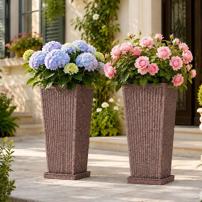 24" Tall Planters for Outdoor Plants Set of 2 Square Fluted, Tall Indoor Flower by NicBex