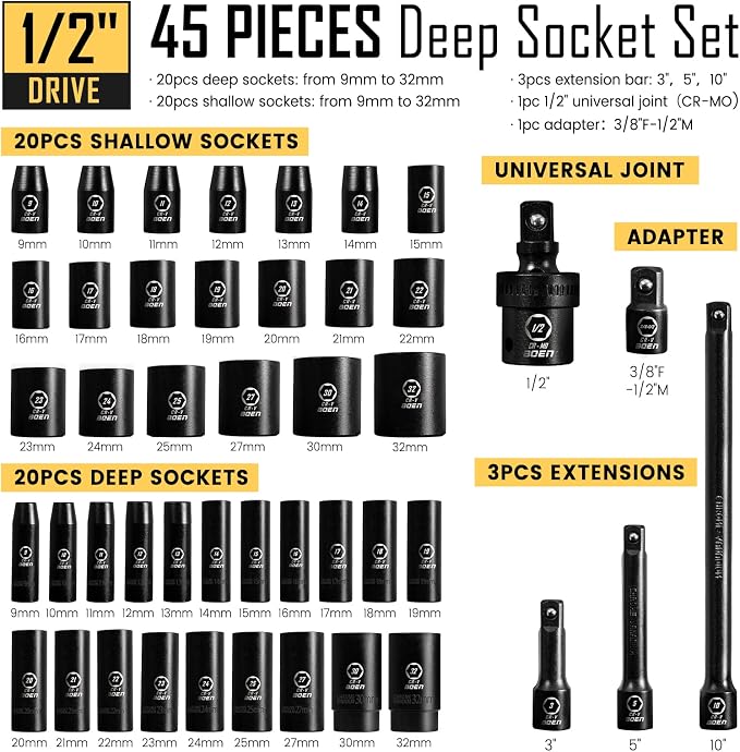 BOEN 1/2" Drive Impact Socket Set, 45 Piece Deep & Shallow Metric Socket Set - Image 2