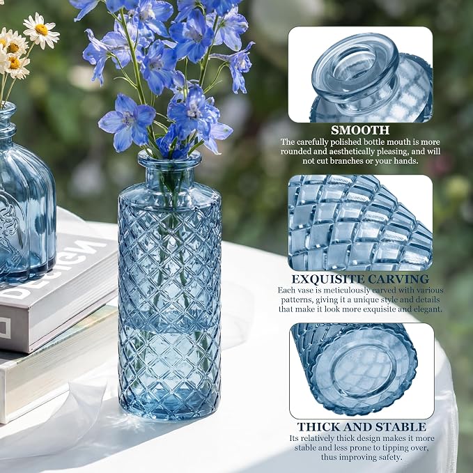 12 Pcs Blue Bud Vases Set, Armber Small Vintage Glass Clear Bud Flower Vases - Image 7