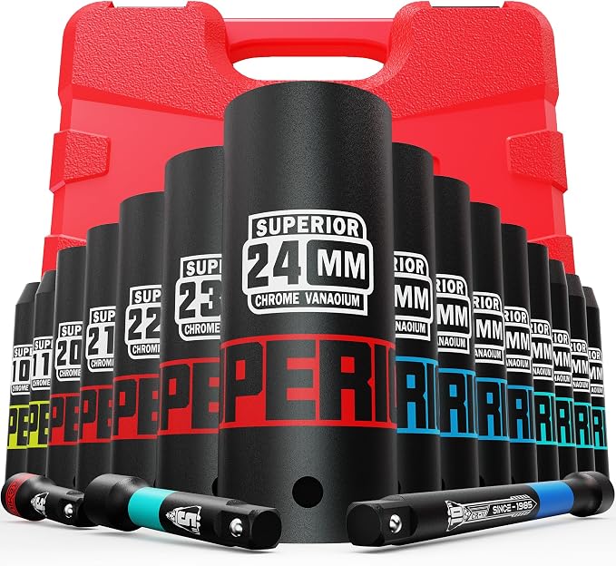 18 Piece 1/2" Drive Impact Socket Set, 10 mm - 24 mm Deep Socket by Aiourx