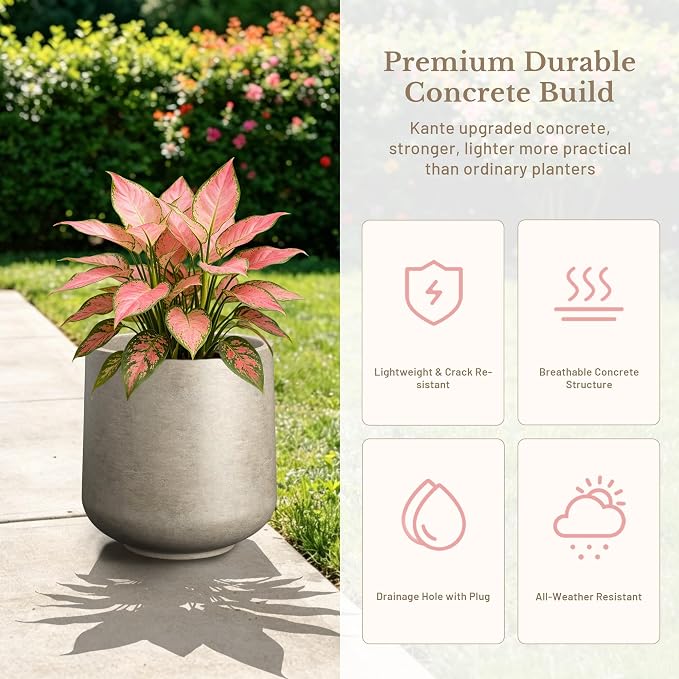 Kante Weathered Concrete Planter 13" Dia All-Weather Round Accent Pot | - Image 3