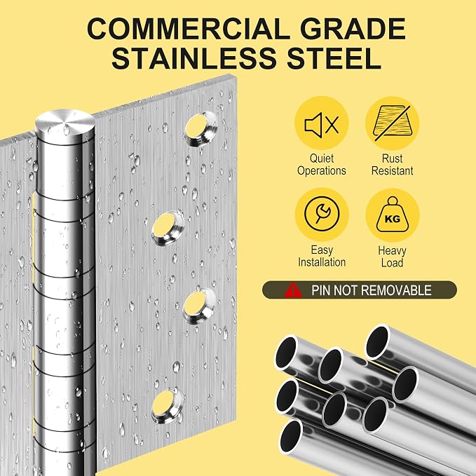 6 Pack 4 Inch Heavy Duty Door Hinges, Stainless Steel, Square and 5/8'' Radius - Image 3