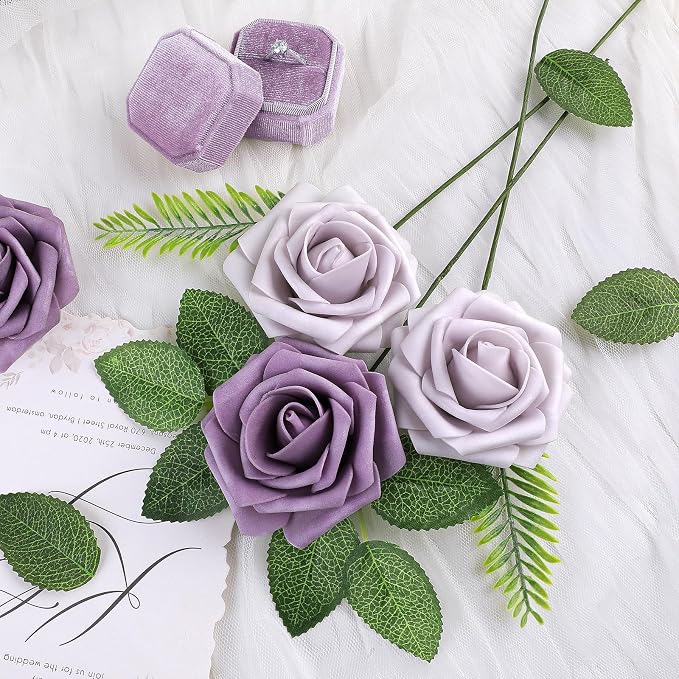 AmyHomie Pale Lavender Rose 25pcs Real Looking Artificial Flowers w/Stem | - Image 6