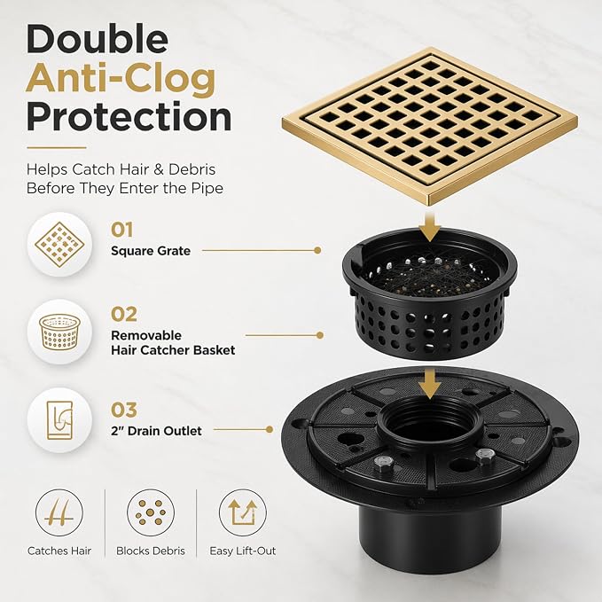 4" Brushed Gold Shower Drain, Square Shower Floor Drain - Image 6