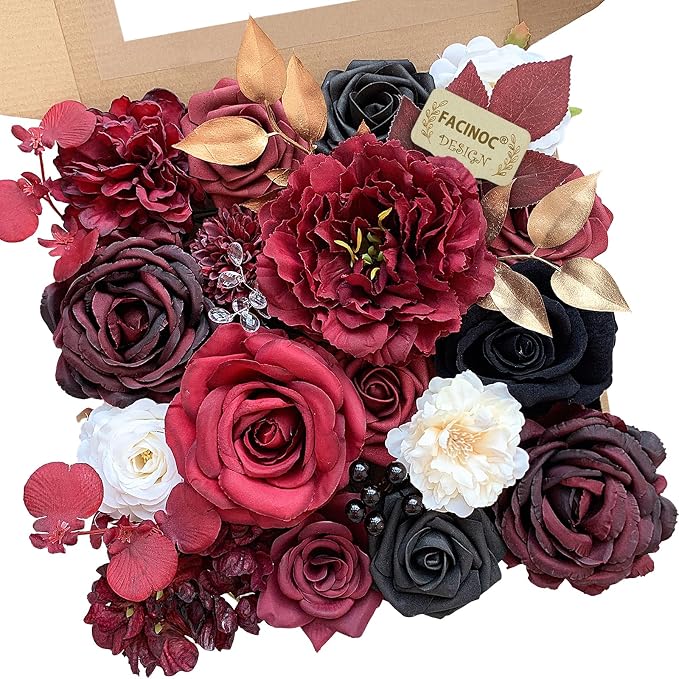FACINOC Roses Artificial Flowers Burgundy Black Fake Flower Bulk by FACINOC