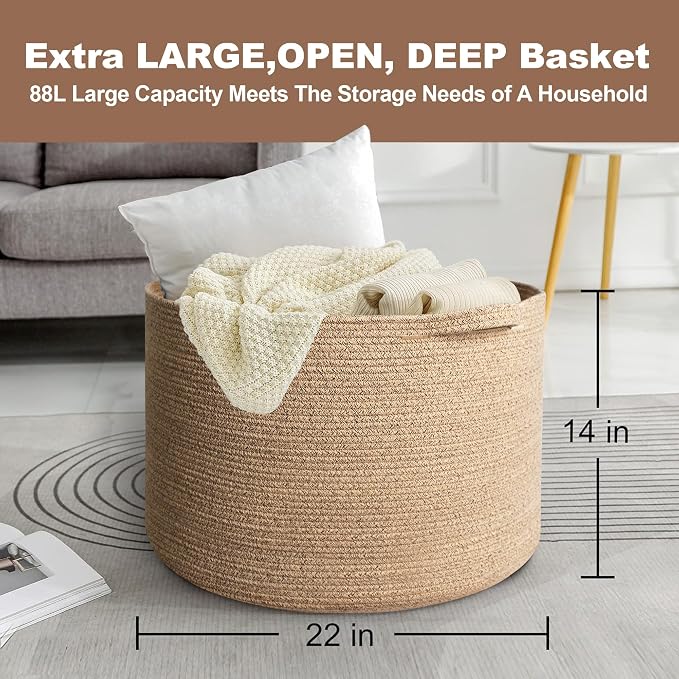 Extra Large Storage Basket, 22”x14” Woven Cotton Rope Basket, Big Kids Dog - Image 3