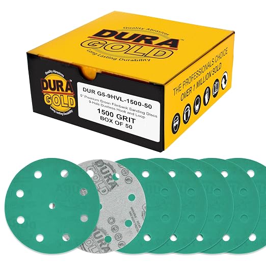 Dura-Gold Premium 1500 Grit 5" Green Film Sanding Discs, 9-Hole Pattern by Dura-Gold