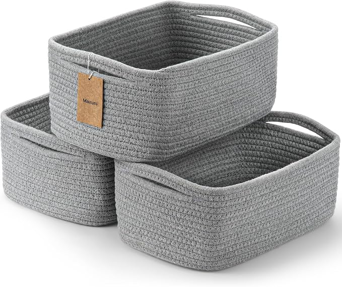 3 Pack Small Storage Baskets for Organizing, 11.8×7.8×5.1", Cotton Rope Basket by MaxuniTechLife