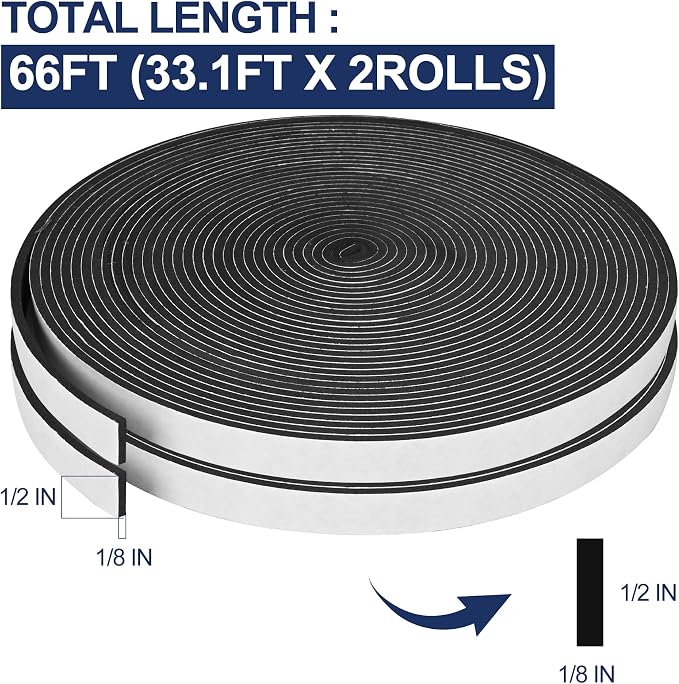 66Ft Foam Tapes Self Adhesive Seal Strips 1/2In x 1/8In x 33.1Ft Each Roll - Image 2