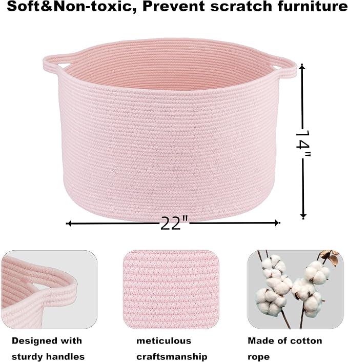 XUANGUO Extra Large Cotton Rope Round Storage Basket 22" x 14" Pink | Woven - Image 2