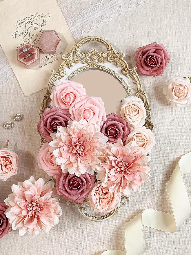 FACINOC Pink Roses Artificial Flowers Dusty Blush Fake Flower Bulk Box Set | - Image 3