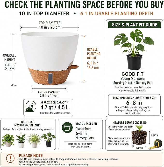 2 Pack 10 inch Plant Pots, Plastic Self Watering Planters | Drainage Holes - Image 6