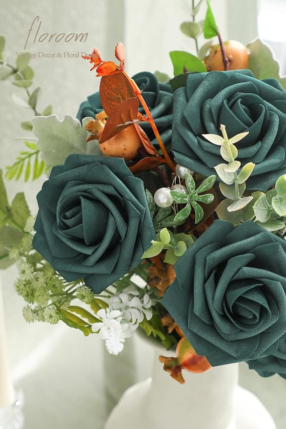 Artificial Flowers 25pcs Real Looking Peacock Green Foam Fake Roses - Image 4
