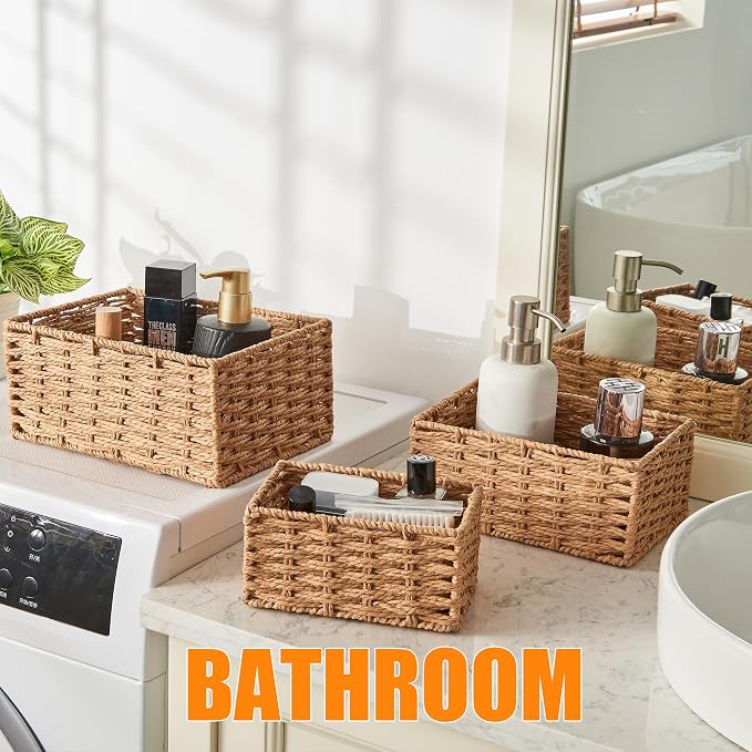 Small Wicker Basket for Organizing, Woven Storage Basket Sets of 3 | Handwoven - Image 4