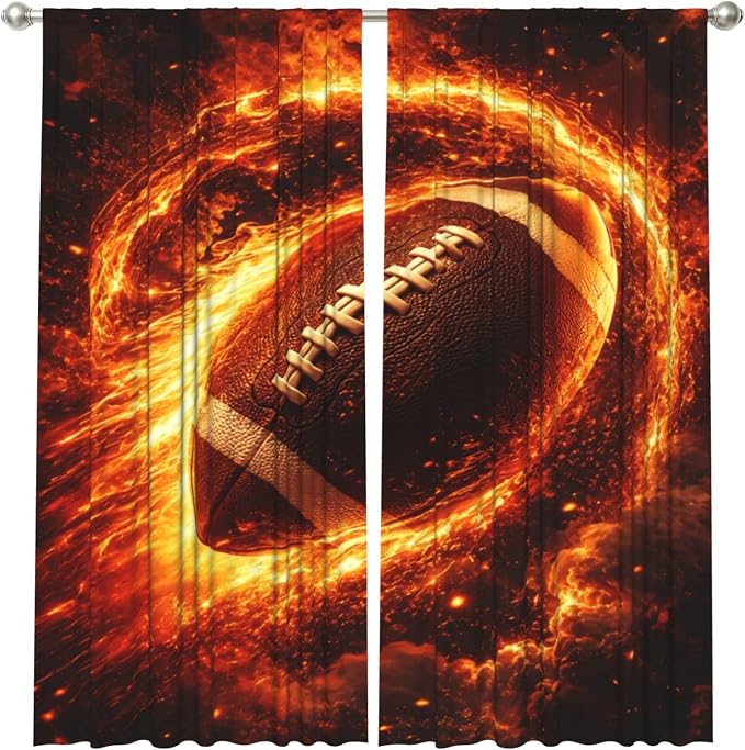 Football Flying Fire Window Curtains 2 Panels Set, 52 X 84 Inch Polyester Drapes - Image 2