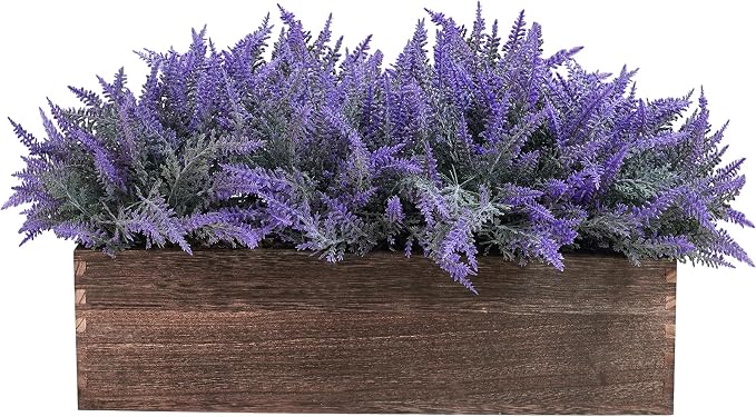 Winlyn 14" Artificial Lavender Flowers Plants in Rectangular Wooden Planter Box by Winlyn