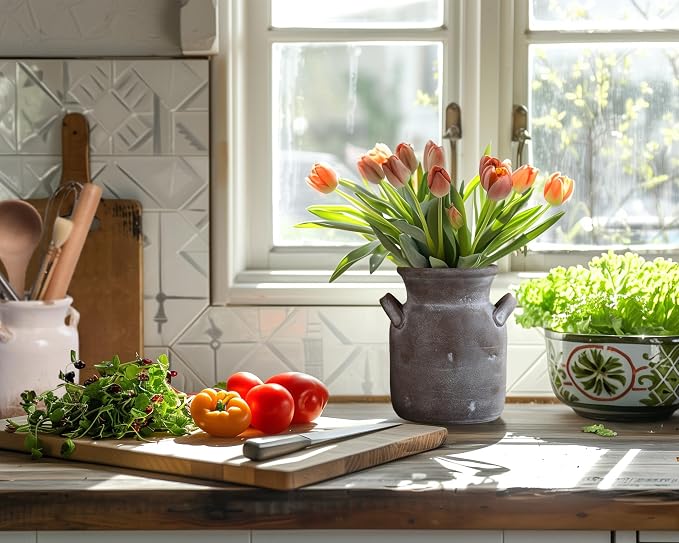 Quoowiit Ceramic Rustic Farmhouse Vase, Distressed Decorative Flower Vases - Image 9