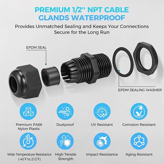 10PCS 1/2 inch NPT Cable Gland Waterproof IP68, Fits 6-12mm Cable | Industrial - Image 3